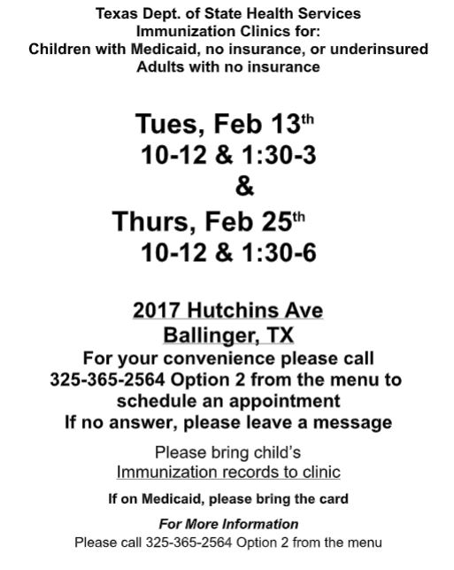 Ballinger Immunization Clinic Feb